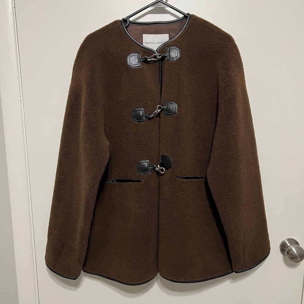 Rebecca‎ Minkoff Womens Shearling Toggle Jacket Size L Chocolate Brown Chic NWT